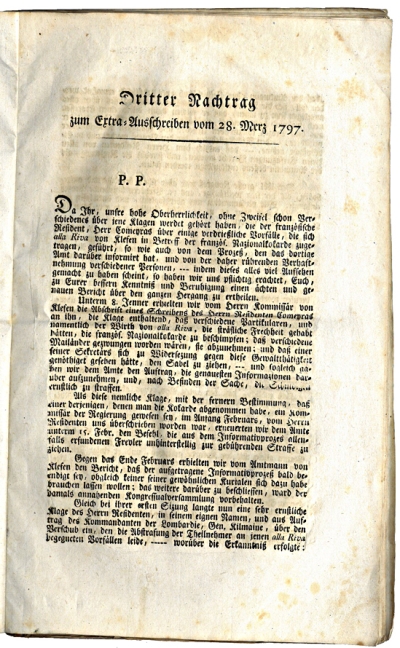 Copertina  Dritter Nachtrag zum Extra-Ausschreiben vom 28. Merz 1797