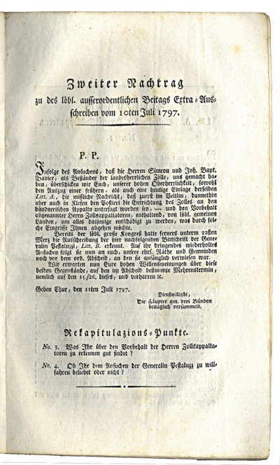 Copertina  Zweiter Nachtrag zu des löbl. ausserordentlichen Beitags Extra-Ausschreiben vom 10ten Juli 1797