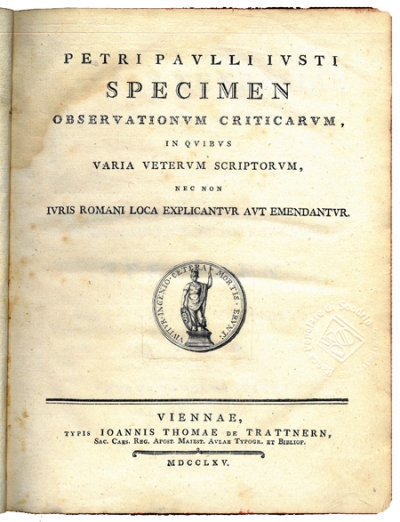 Copertina  Petri Paulli Iusti Specimen observationum criticarum, in quibus varia veterum scriptorum, nec non iuris romani loca explicantur aut emendantur
