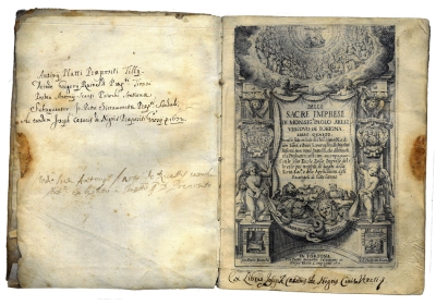 Copertina  Delle sacre imprese di monsig.r Paolo Aresi vescouo di Tortona. Libro quarto [-sesto]. In cui le fatte in lode di Chro Signor N. e di altri Santi, e Beati si contengono, da singolari Discorsi, non meno fruttuosi, che diletteuoli, et à Predicatori utilissimi, accompagnate. Con le solite Tauole, Delle Imprese, delle cose più notabili, de' luoghi della Scritt. Sac.a, e delle Applicationi àgli Euangeli di tutto l'anno